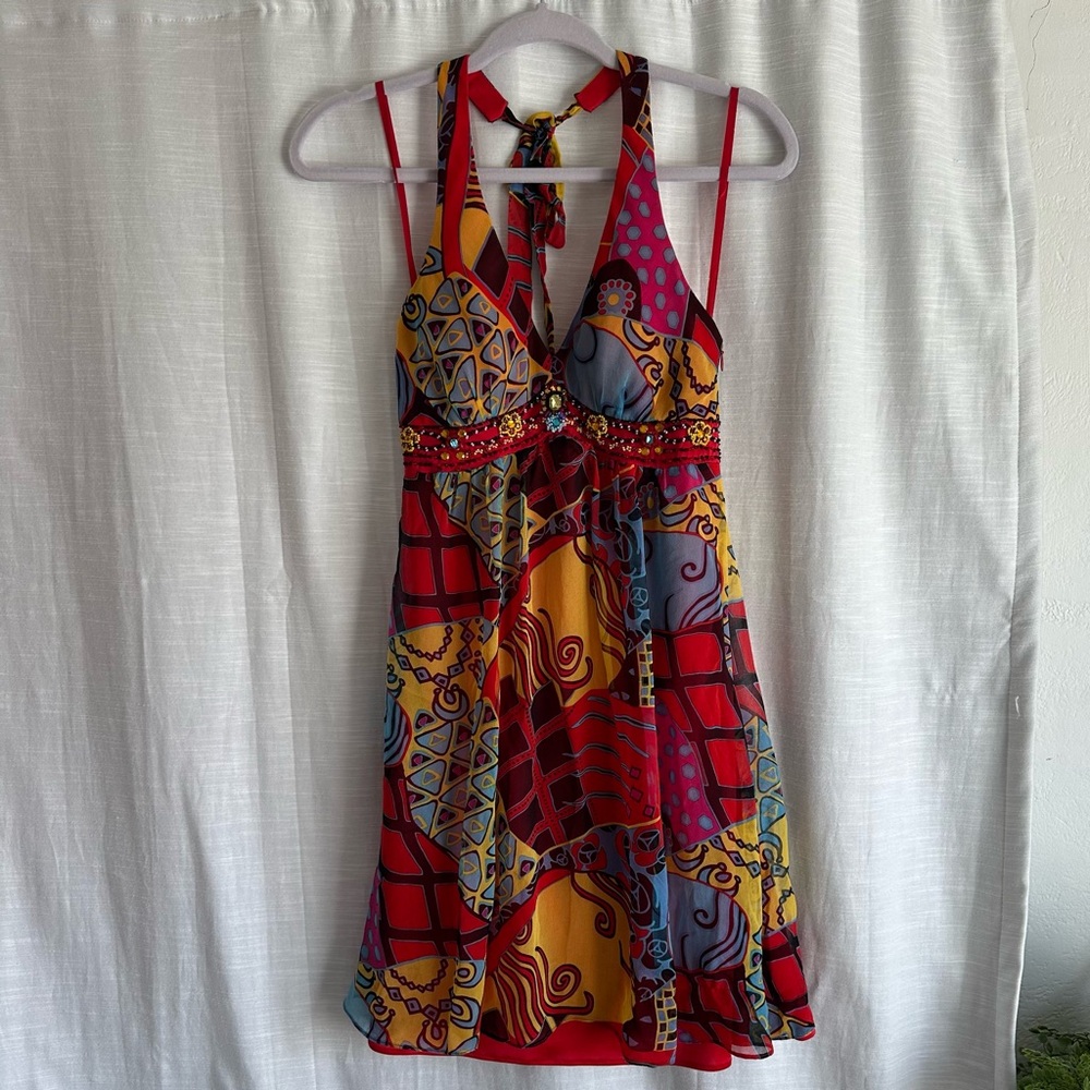 Sue Wong vintage VTG 100% silk flowy halter top Y2K beaded dress bright colors